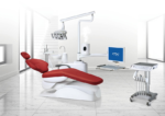 Unit dentar cu scaun stomatologic de tratament K-808-Q3B Kegon Dental de culoare rosie cu sistem de dezinfectare a aerului si cart de instrumente mobil